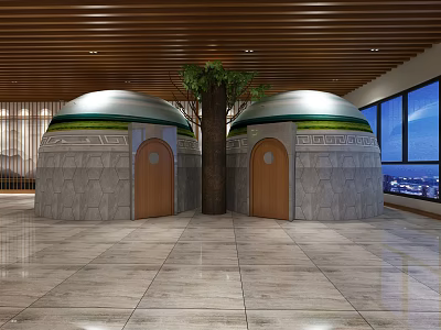 Two Dome Shaped SPA Saunas With Stone Walls Wooden Doors Central Tree And Night View 3d model