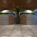 Two Dome Shaped SPA Saunas With Stone Walls Wooden Doors Central Tree And Night View