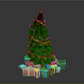 Green Christmas Tree With Golden Decorations And Colorful Gift Boxes Around