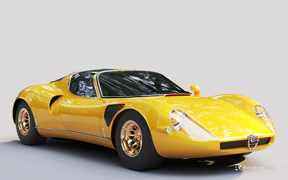 Yellow Vintage Sports Car With Glossy Body And Gold Wheels 3d model 