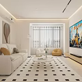 Modern Living Room Interior With White Sofa Round Coffee Table And Checkered Carpet 3d model