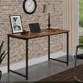 Home Office Desk with Wooden Top Black Metal Frame Laptop Table Lamp Eyeglasses and Headphones