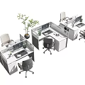 Modern Office Workspace With Multiple Desks Computer Monitors Office Chairs And Potted Plants 3d model