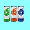 Three Colorful Canned Fruit Flavored Drinks Green Orange Blue in Light Blue Background