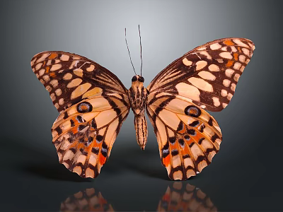 Vibrant Butterfly with Orange Black Patterns and White Spots on Wings and Dark Background Reflection 3d model