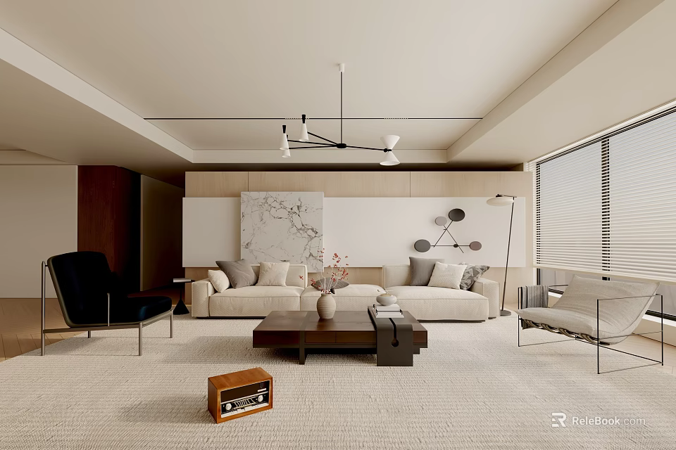 Elegant Modern Living Room Interior Design With Beige Sofa Armchairs Decorative Painting And Large Windows 3d model 
