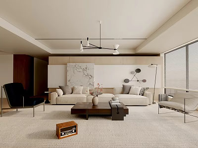 Elegant Modern Living Room Interior Design With Beige Sofa Armchairs Decorative Painting And Large Windows 3d model