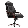 Black Leather Office Chair with High Back Wooden Armrests and Five Wheel Base