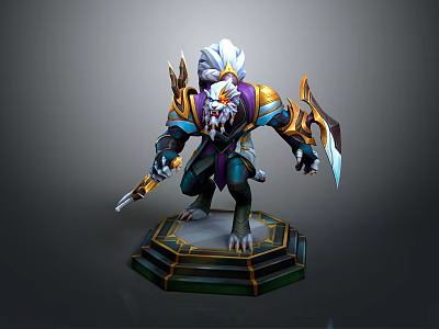 Fantasy Game Character With White Fur Purple Face Gold Blue Armor And Dual Blades 3d model