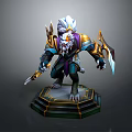 Fantasy Game Character With White Fur Purple Face Gold Blue Armor And Dual Blades