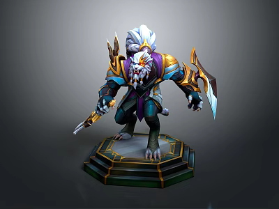 Fantasy Game Character With White Fur Purple Face Gold Blue Armor And Dual Blades 3d model