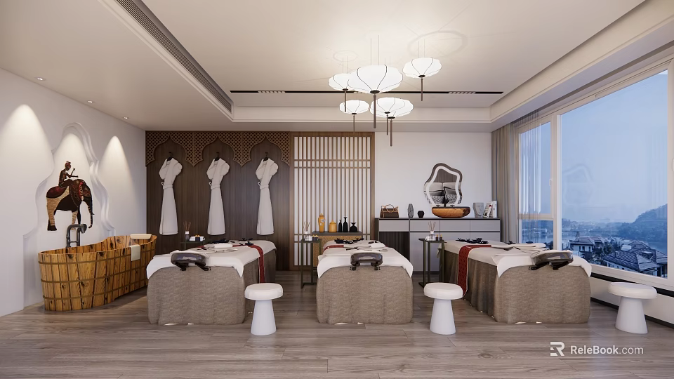 Luxury SPA Sauna Interior With Relaxing Massage Beds Wooden Decor And Soft Lighting 3d model 