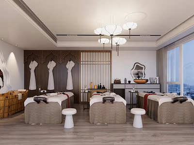 Luxury SPA Sauna Interior With Relaxing Massage Beds Wooden Decor And Soft Lighting 3d model