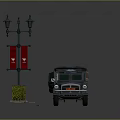 Military Vehicle Parked By Street Lamp With Flag Bushes And Steps