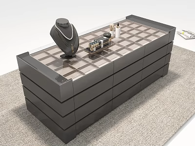 Modern Dark Wooden Cabinet With Checkered Glass Top And Decorative Items 3d model