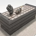 Modern Dark Wooden Cabinet With Checkered Glass Top And Decorative Items