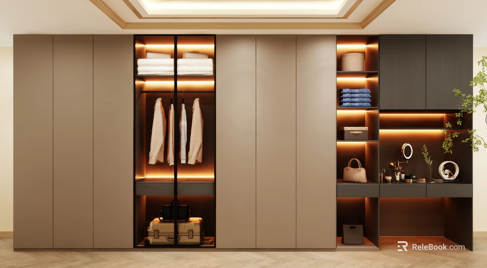 Modern Wardrobe Interior With Hanging Clothes Folded Towels Storage Boxes And Lighting 3d model