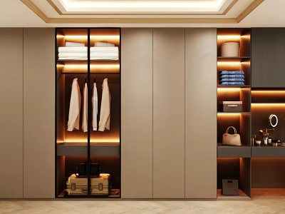 Modern Wardrobe Interior With Hanging Clothes Folded Towels Storage Boxes And Lighting 3d model