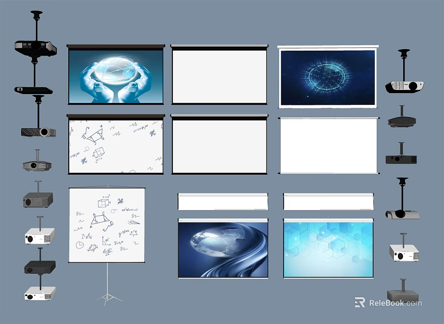 Projection Monitoring Equipment Including Ceiling Projectors Floor Stand Screens And Display Content 3d model 