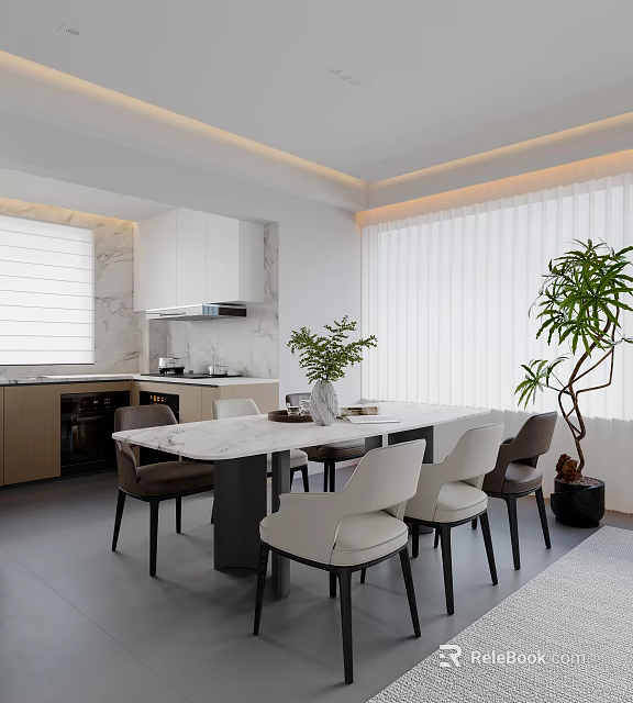 Modern Open Restaurant Interior With Marble Dining Table Green Plants And White Cabinets 3d model