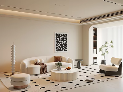 Modern Living Room Interior With White Sofa Black White Rug Decorative Art And Green Plant 3d model