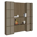 Modern Wooden Decorative Cabinet With Grid Design And Interior Painting Books Vase Lamp