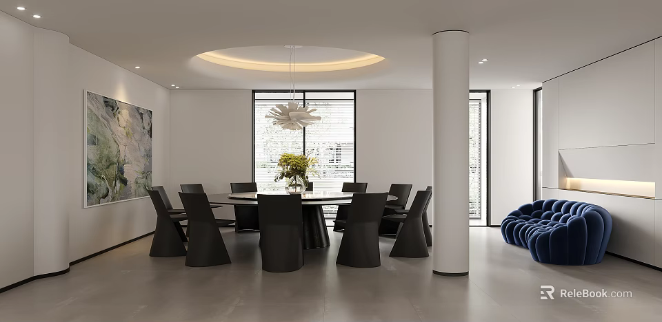 Modern Restaurant Interior With Dining Table Black Chairs White Column Pendant Light And Large Window 3d model 