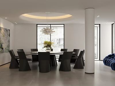 Modern Restaurant Interior With Dining Table Black Chairs White Column Pendant Light And Large Window 3d model