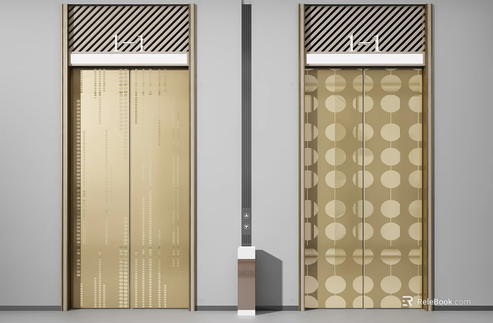 Elegant Modern Golden Elevator Doors With Intricate Patterns In Public Facility 3d model 