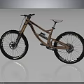 Peach Frame Downhill Mountain Bike With White Seat Large Tires And Suspension On Reflective Surface