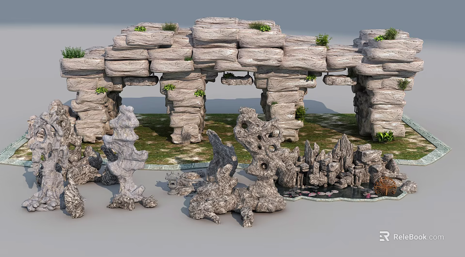 Chinese Rockery Stone Garden Landscape With Natural Rock Formations And Greenery 3d model 