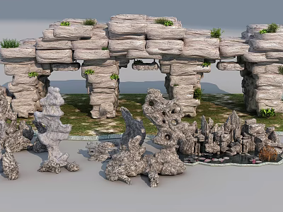 Chinese Rockery Stone Garden Landscape With Natural Rock Formations And Greenery 3d model