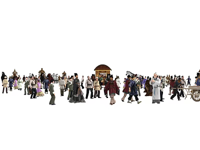 Crowd of People Wearing Different Traditional Clothes in Ancient Setting with Pavilion and Cart 3d model