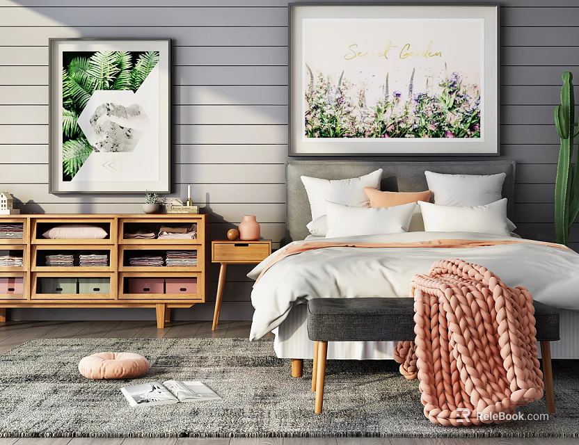Cozy Double Bed in Background with Gray Wooden Wall Paintings Nightstand and Pink Knit Blanket 3d model 