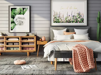 Cozy Double Bed in Background with Gray Wooden Wall Paintings Nightstand and Pink Knit Blanket 3d model