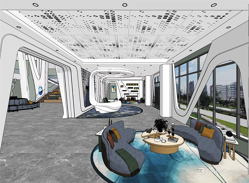 Modern Front Desk Reception Lobby With Comfortable Sofa Coffee Table And Large Windows 3d model 