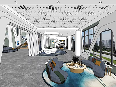 Modern Front Desk Reception Lobby With Comfortable Sofa Coffee Table And Large Windows 3d model