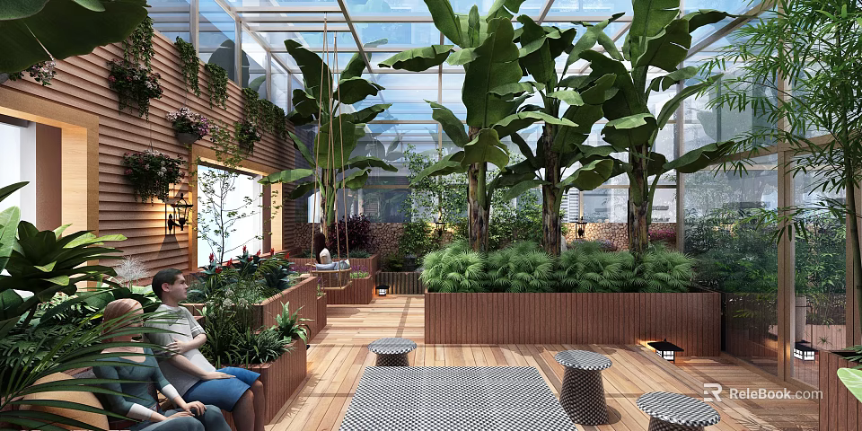 Lush Villa Balcony with Glass Roof Tall Green Plants Wooden Flooring and Outdoor Lounge Area 3d model 