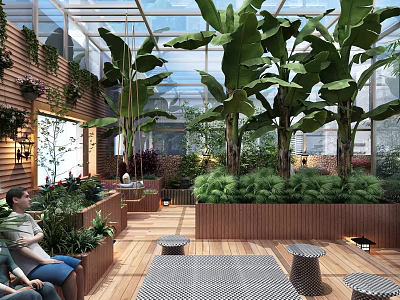 Lush Villa Balcony with Glass Roof Tall Green Plants Wooden Flooring and Outdoor Lounge Area 3d model