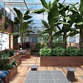 Lush Villa Balcony with Glass Roof Tall Green Plants Wooden Flooring and Outdoor Lounge Area