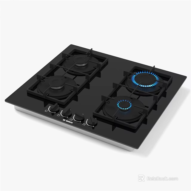 Modern Gas Cooktop With Four Burners Black Surface And Blue Flames Control Knobs 3d model 