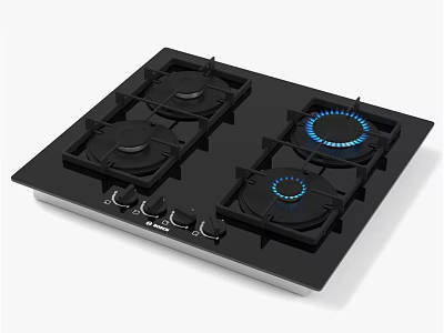 Modern Gas Cooktop With Four Burners Black Surface And Blue Flames Control Knobs 3d model