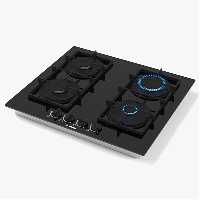 Modern Gas Cooktop With Four Burners Black Surface And Blue Flames Control Knobs 3d model