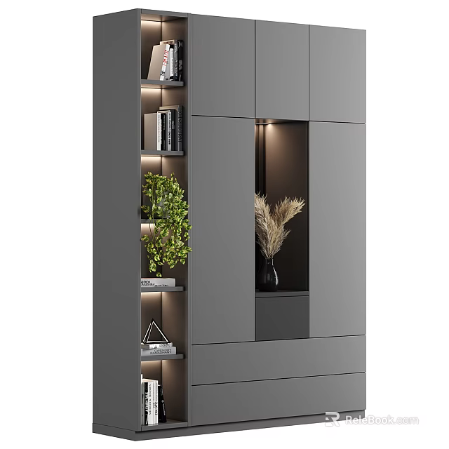 Modern Gray Shoe Cabinet With Illuminated Display Shelves Green Plant And Pampas Grass 3d model 