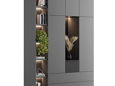 Modern Gray Shoe Cabinet With Illuminated Display Shelves Green Plant And Pampas Grass 3d model
