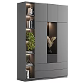 Modern Gray Shoe Cabinet With Illuminated Display Shelves Green Plant And Pampas Grass