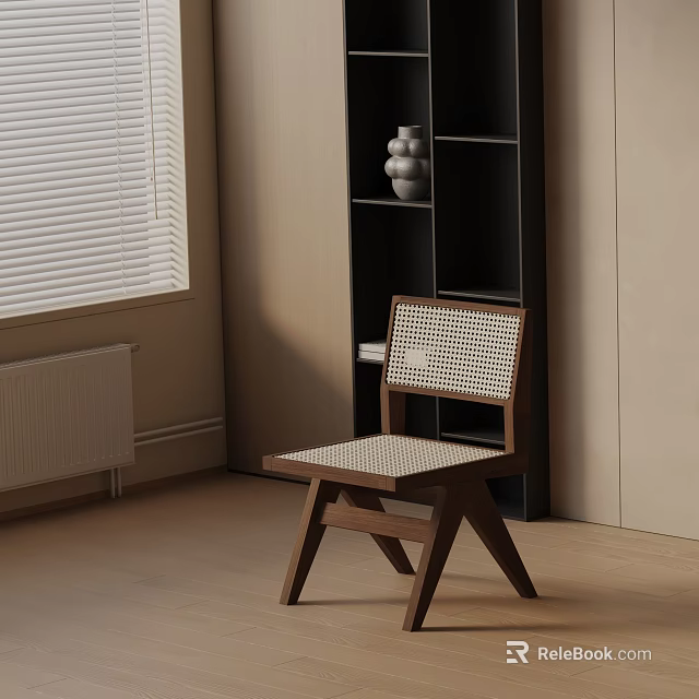 Leisure Chair with Wooden Frame Woven Seat and Backrest in Minimalist Interior with Window Blinds 3d model 