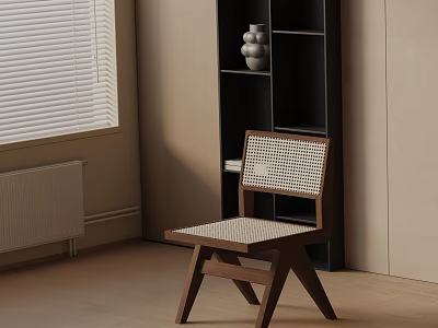 Leisure Chair with Wooden Frame Woven Seat and Backrest in Minimalist Interior with Window Blinds 3d model