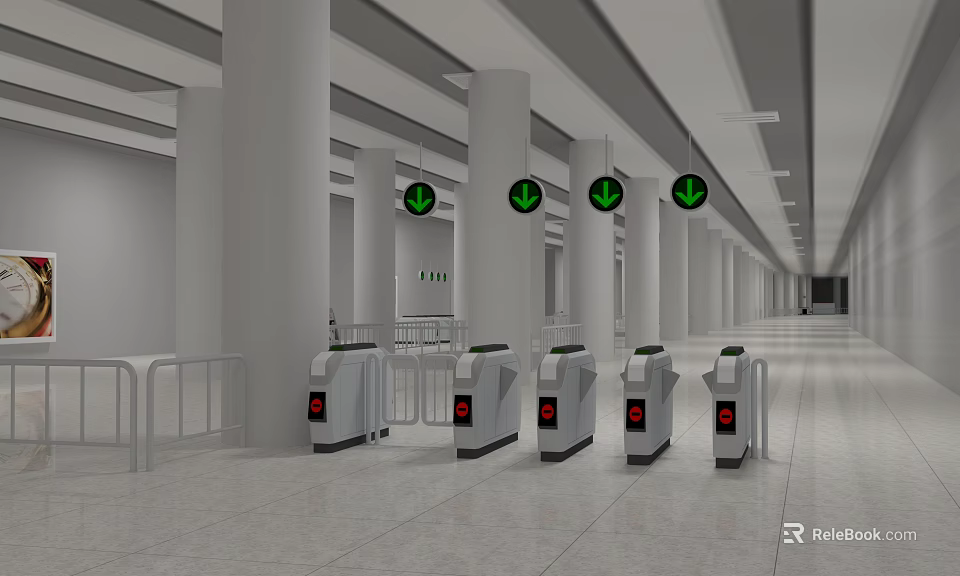 Modern Spacious Station Hall Featuring Automatic Turnstiles Green Arrow Signs And White Pillars 3d model 
