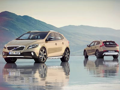 Two Stylish SUV Cars Parked By Water With Mountain View And Reflection 3d model Two Stylish SUV Cars Parked By Water With Mountain View And Reflection 3d model